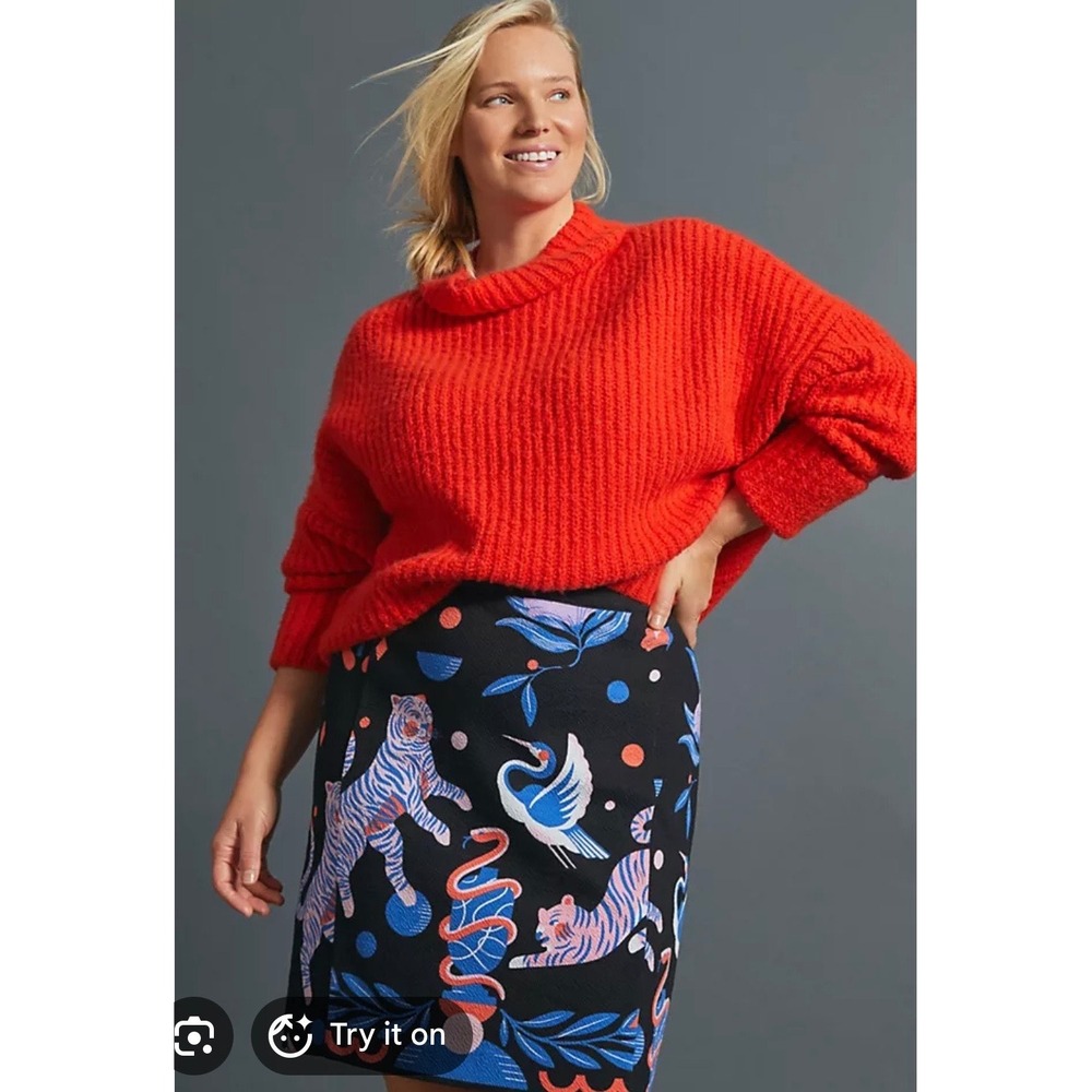 Anthropologie Super Nice Letters Tiger Crane Floral Pencil Skirt Black Large